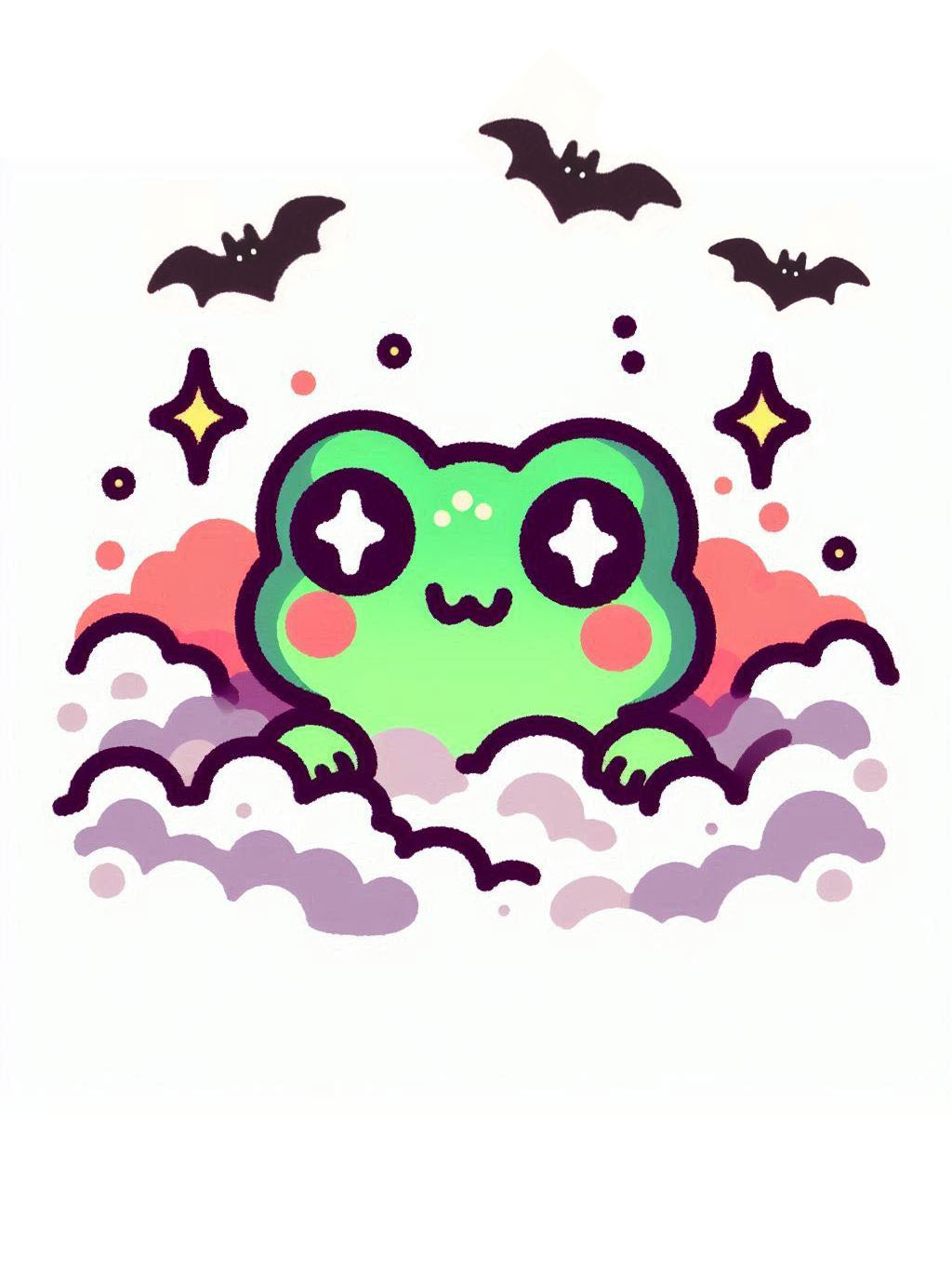 halloween frog drawing ideas: A green frog with large eyes sitting on purple and pink clouds with bats flying above and tiny stars around.